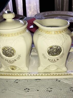 Cream Decorative Sugar and Milk Set with Gold Accents